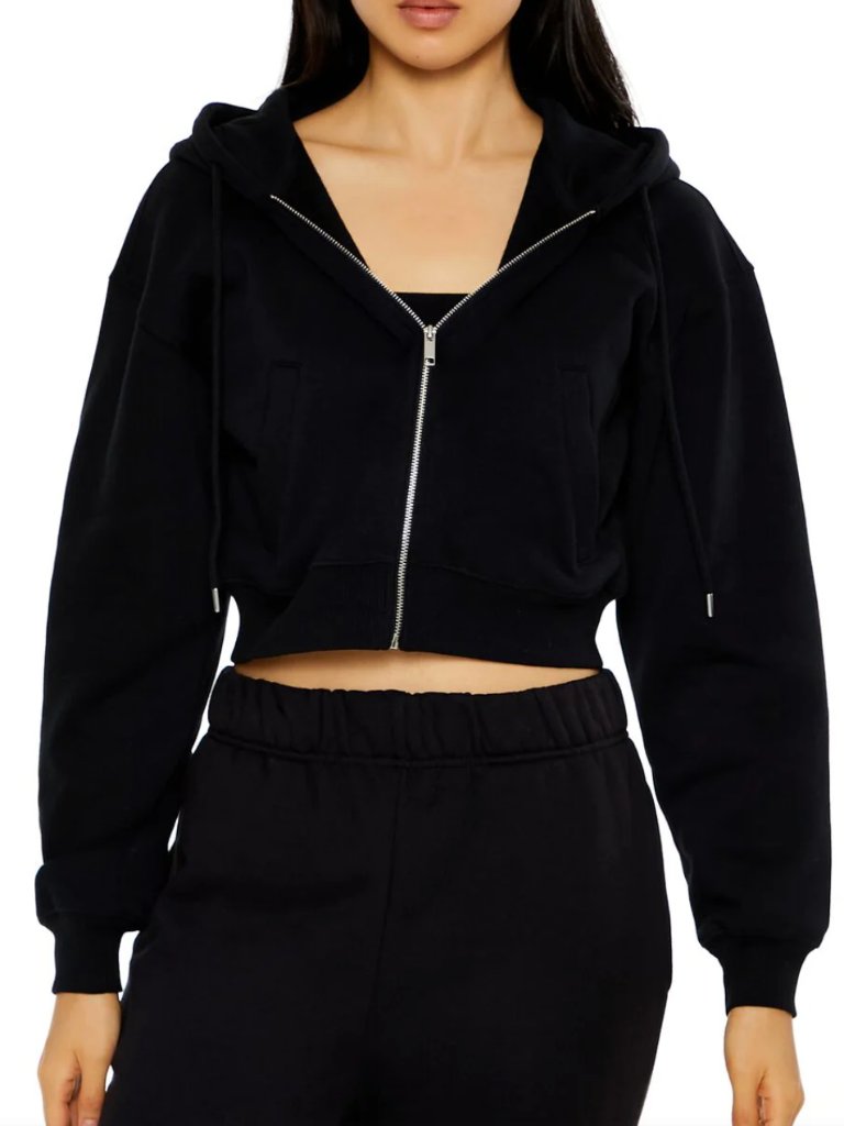 Forever 21 Black Cropped Zip-Up Hoodie Drop Shoulder Size Large